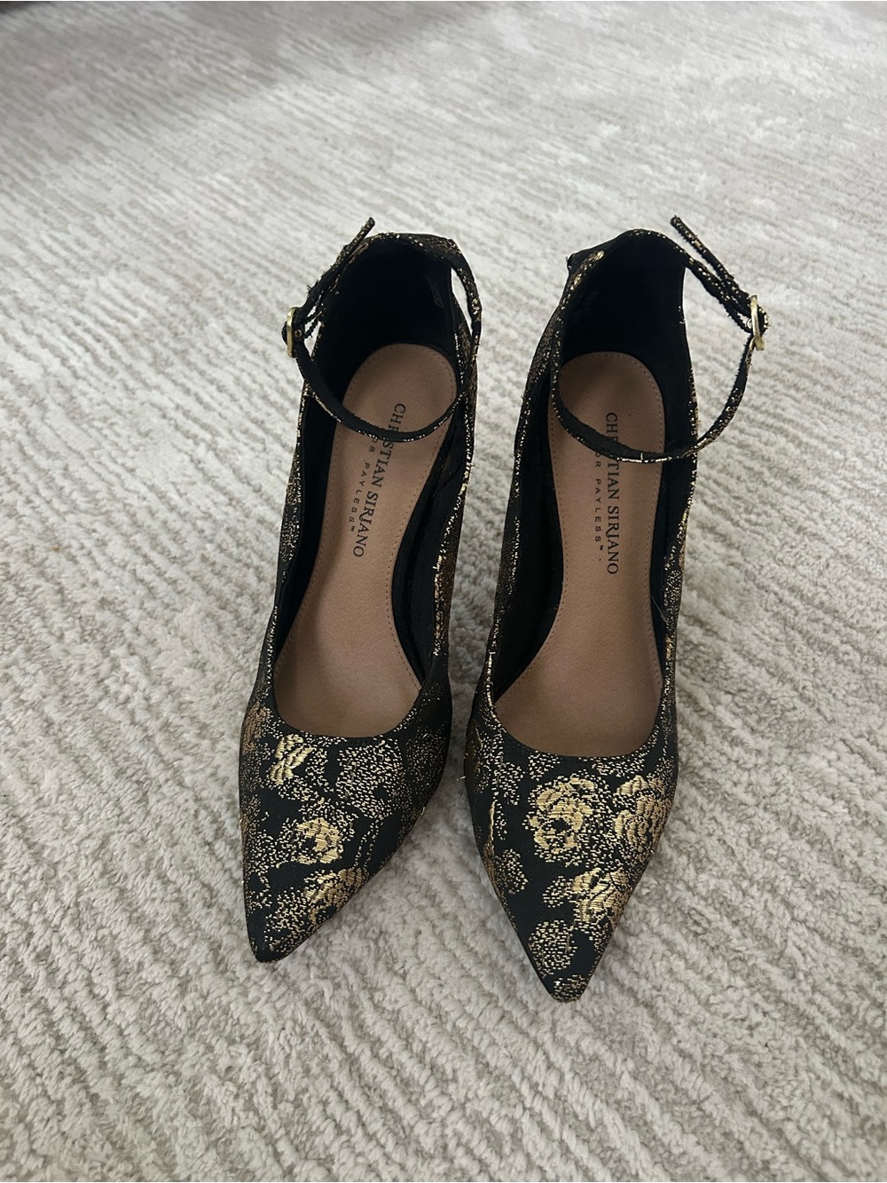 Christian Siriano Black and Gold Floral Ankle-Strap Pumps
